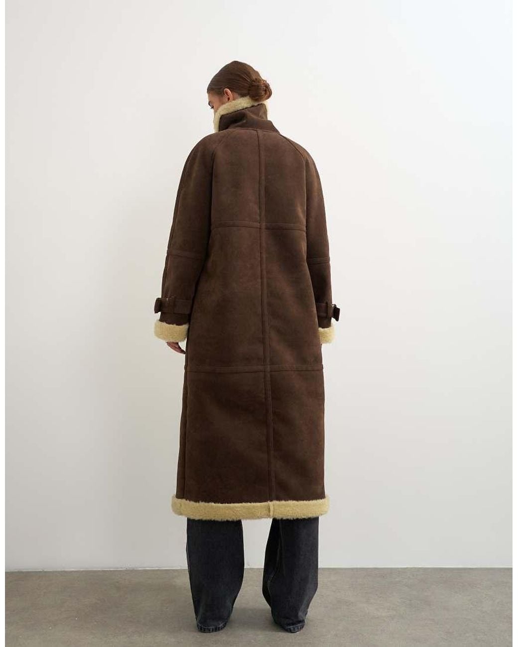 TOPSHOP Natural Longline Borg Trim Funnel Neck Coat