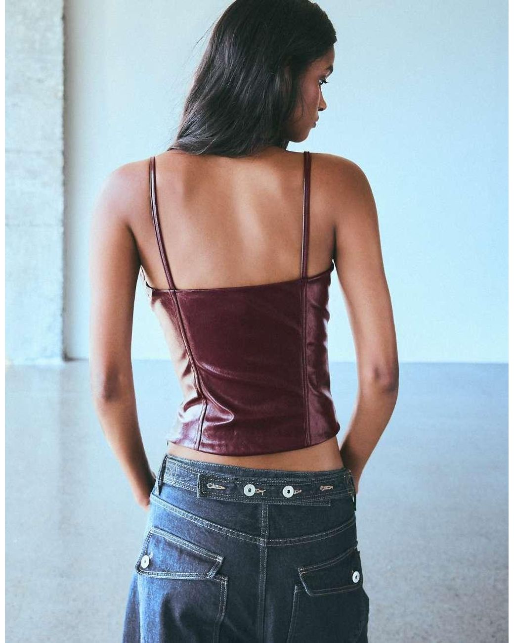 Bershka Blue Leather Effect Sweetheart Neckline Camisole Top