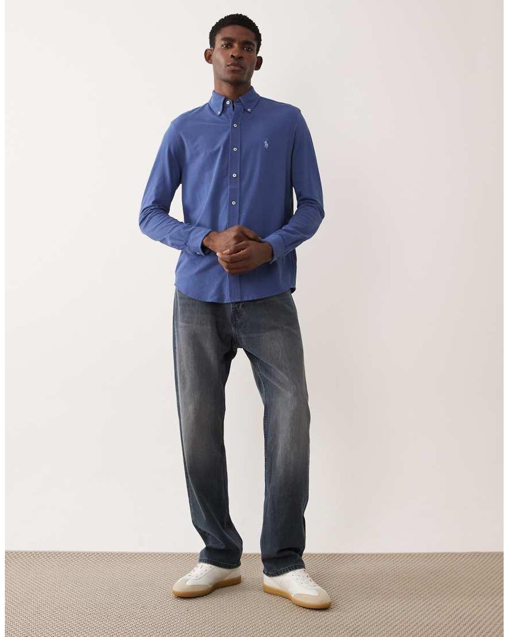 Polo Ralph Lauren Blue Icon Logo Long Sleeve Cotton Shirt for men