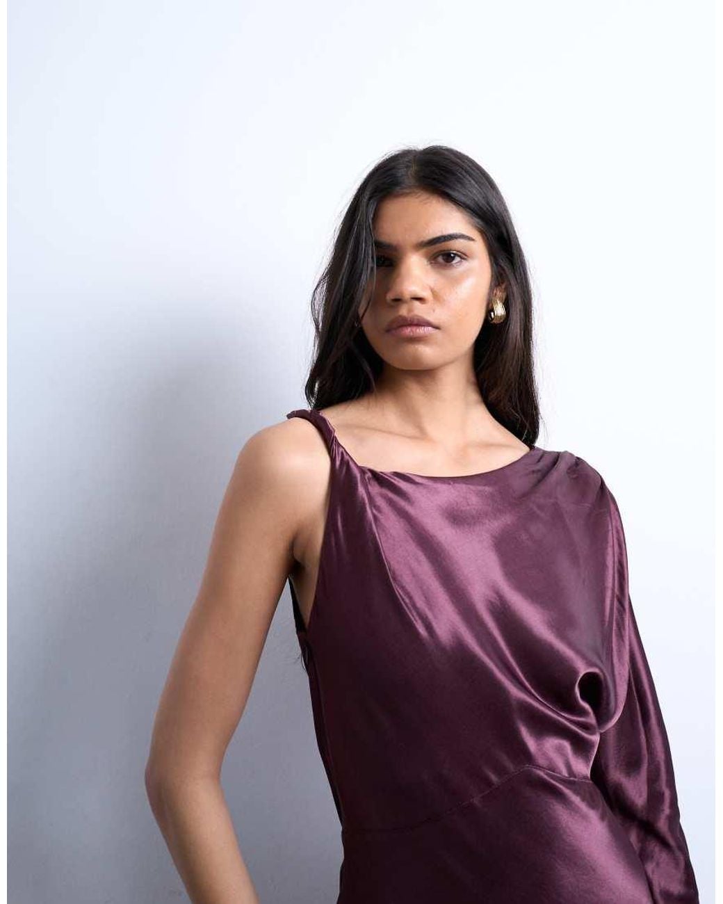 TOPSHOP Purple One Sleeve Twist Strap Satin Maxi Dress