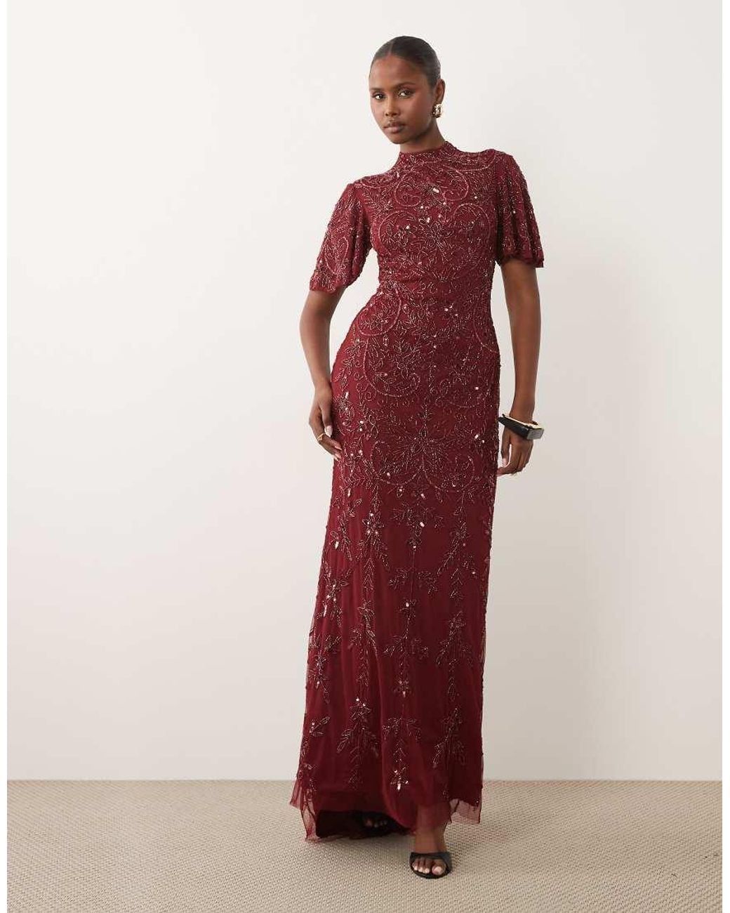 Beauut Red Embellished High Neck Flutter Sleeve Maxi Dress