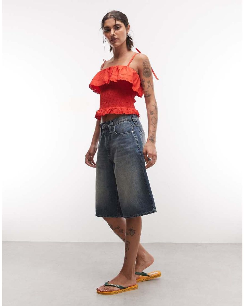 Reclaimed Vintage Red Bandeau Top With Shirring And Embroidery Detail