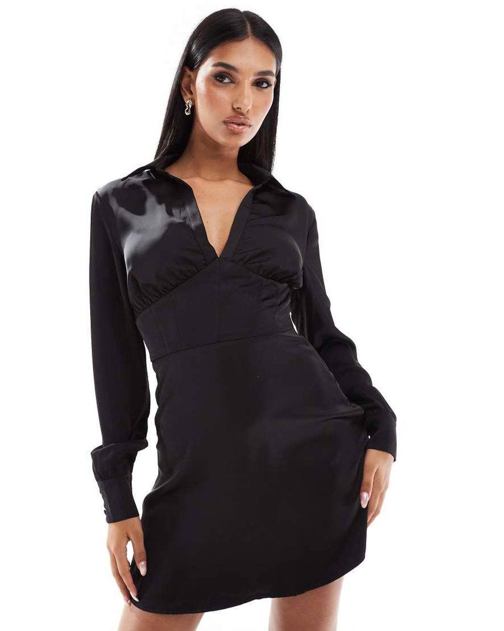 Glamorous Black Satin Collared Mini Dress