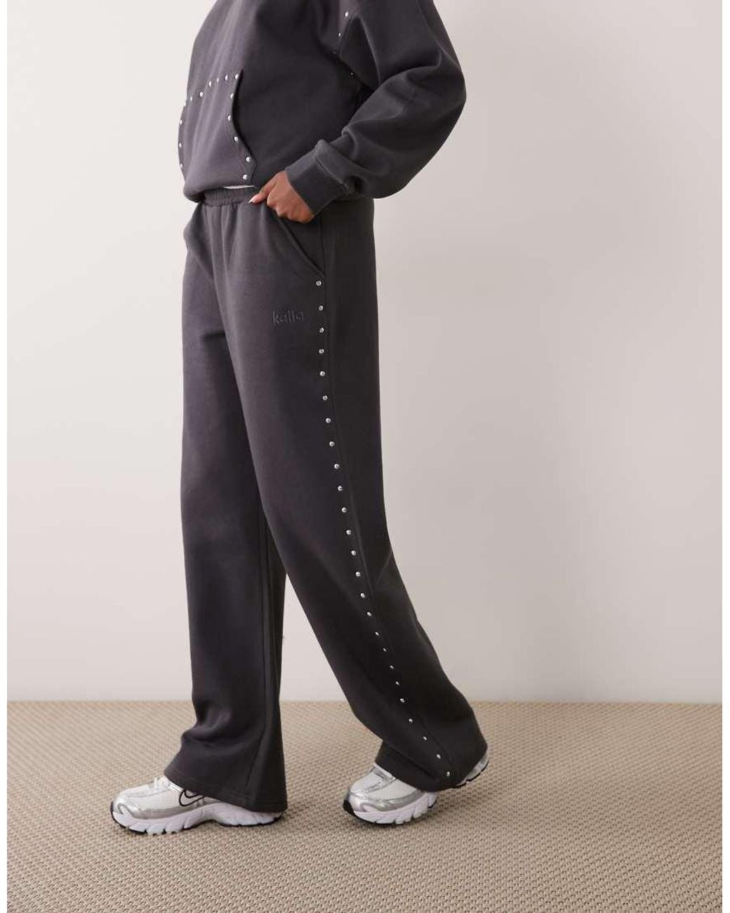 Kaiia Gray Cotton Rich Studded Wide Leg Joggers Co-Ord