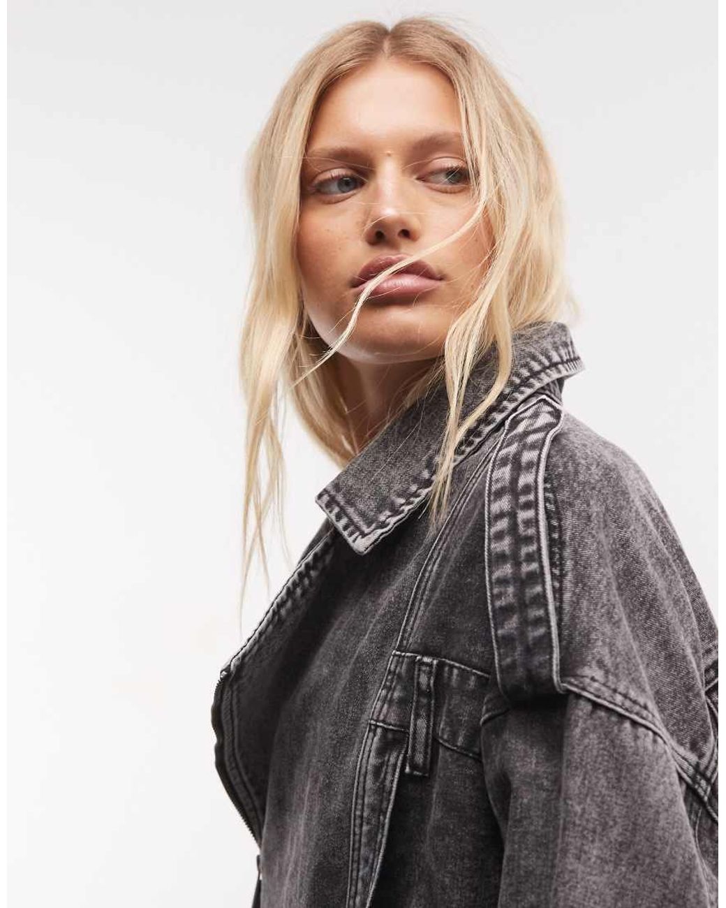 Liquor N Poker Gray Oversized Denim Biker Jacket