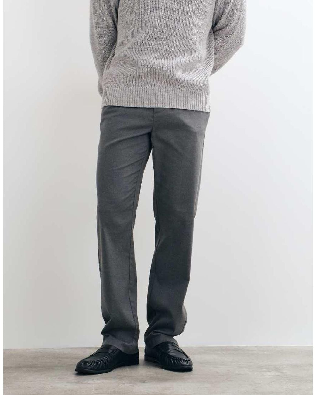 Threadbare Gray Drawstring Waist Straight Leg Trousers With Pleat for men