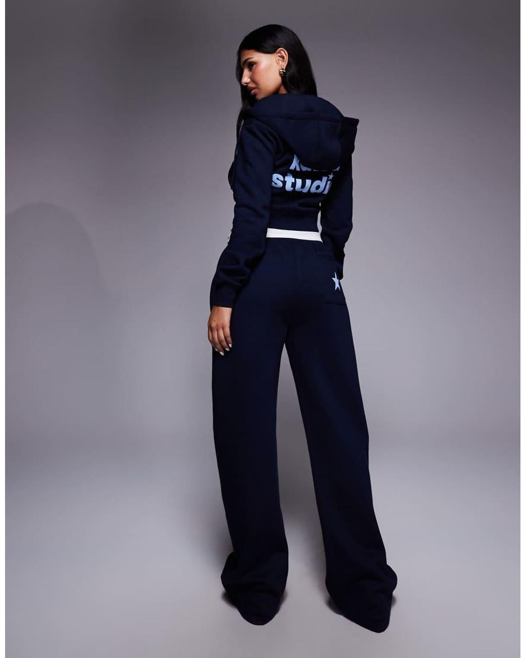 Kaiia Blue Studio Cotton Rich Star Logo Graphic Zip Through Cropped Hoodie Co-Ord