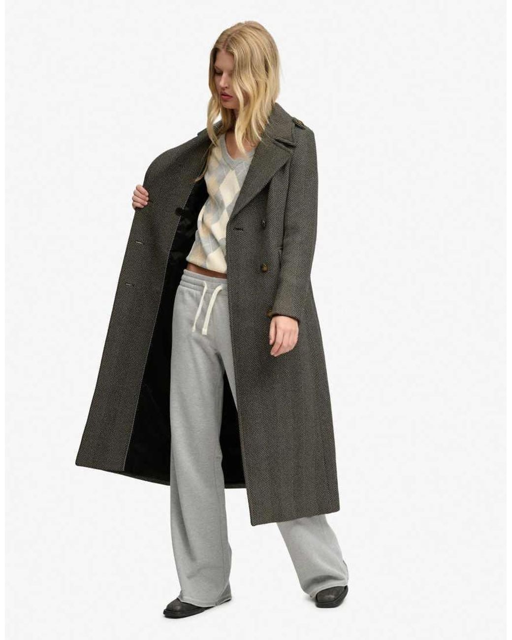Superdry Gray Double Breasted Wool Blend Coat
