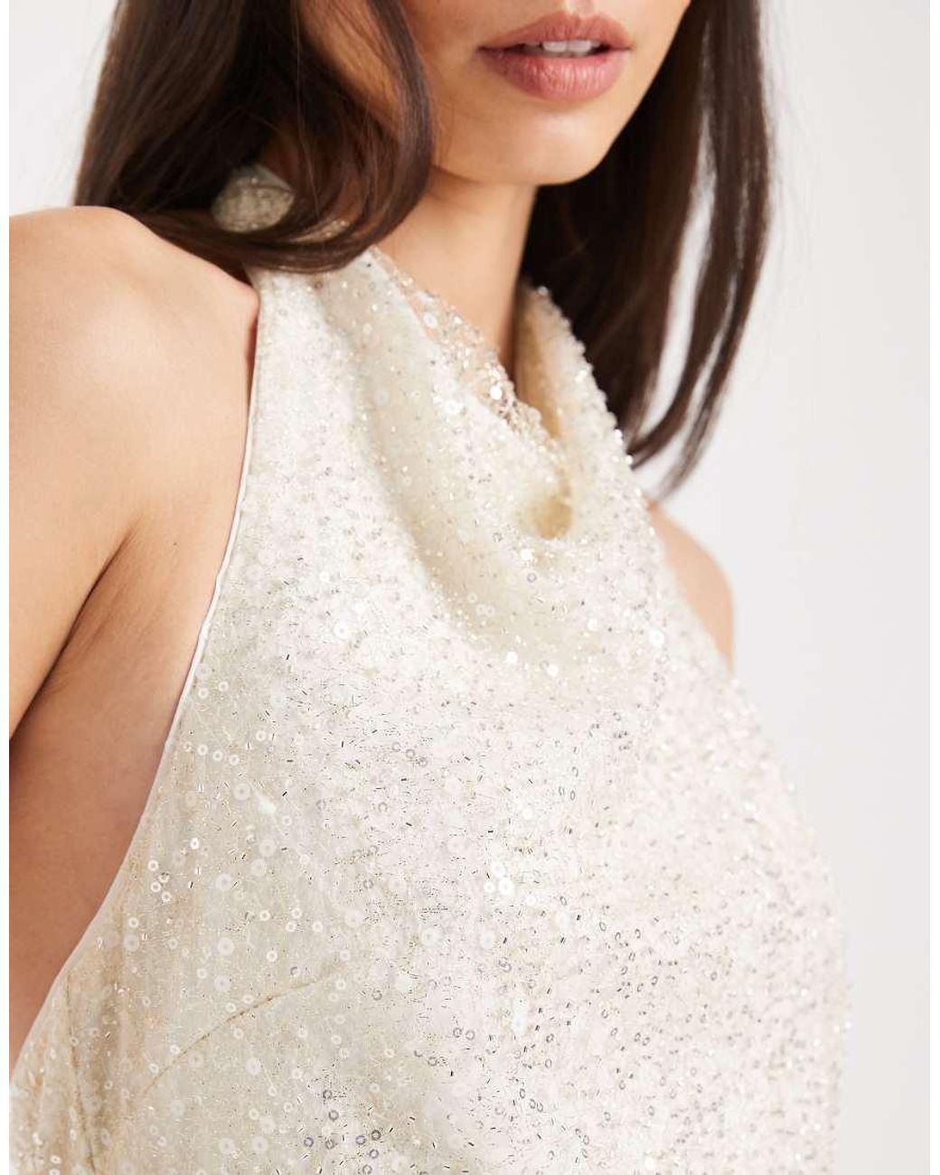 Forever New White Bridal Sequin High Cowl Halter Neck Maxi Dress