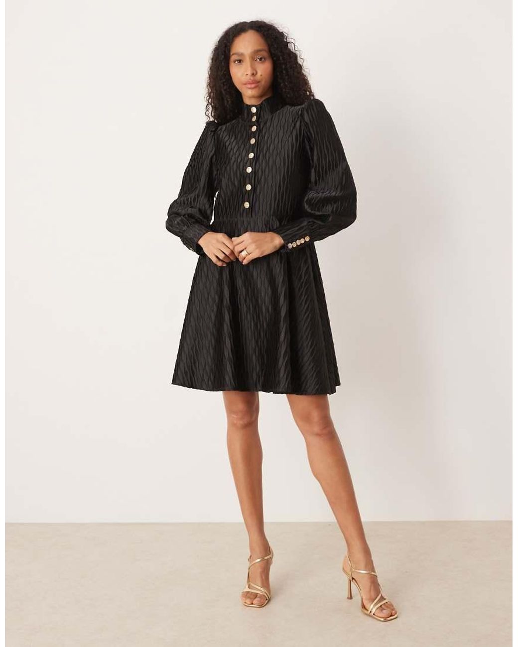 Y.A.S Black High Neck Satin Mini Dress With Button Front
