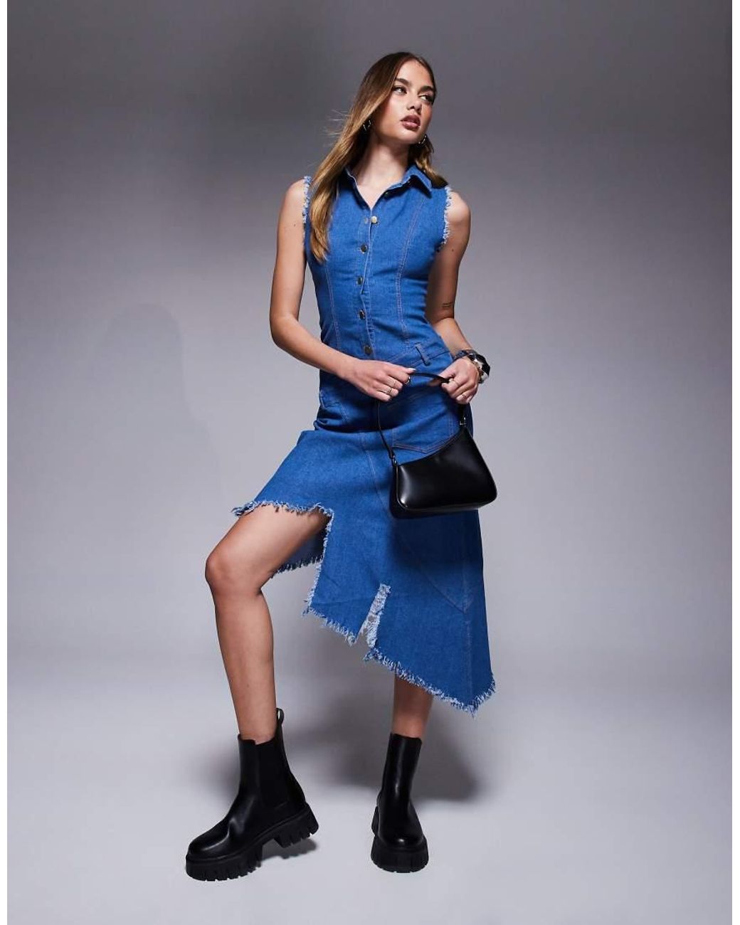 Goddiva Blue Denim Frayed Asymmetric Sleeveless Midaxi Shirt Dress