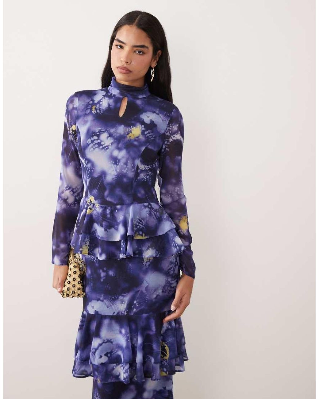 DASKA Blue Chiffon High Neck Keyhole Tiered Frill Maxi Dress