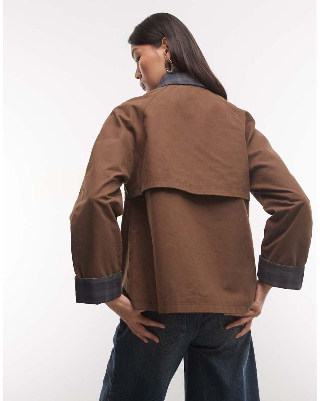Reclaimed Vintage Brown Short Waxed Mac With Check Collar And Cuffs
