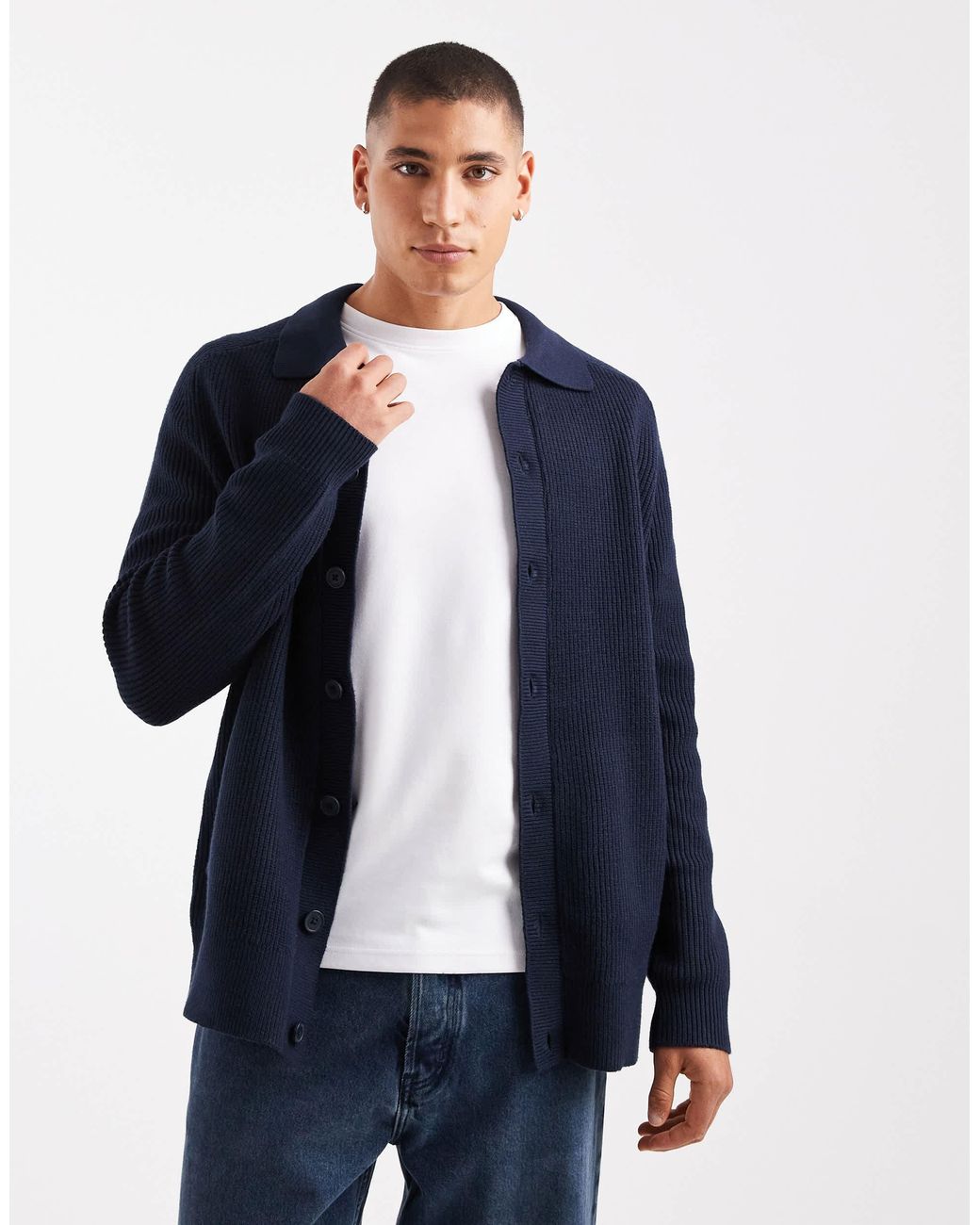 Threadbare Blue Knitted Button Down Cardigan With Collar for men