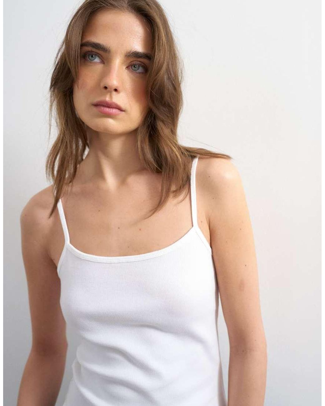 TOPSHOP Brown Micro Rib Knit Curved Hem Strappy Tank Top