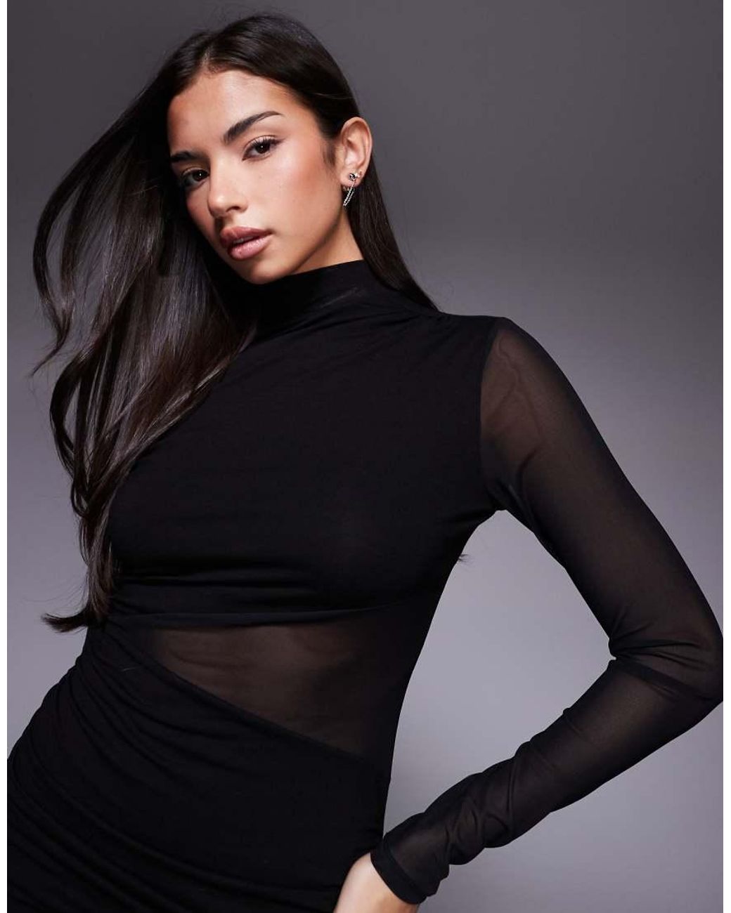 ASOS Black Mesh Draped Mini Dress With High Neck