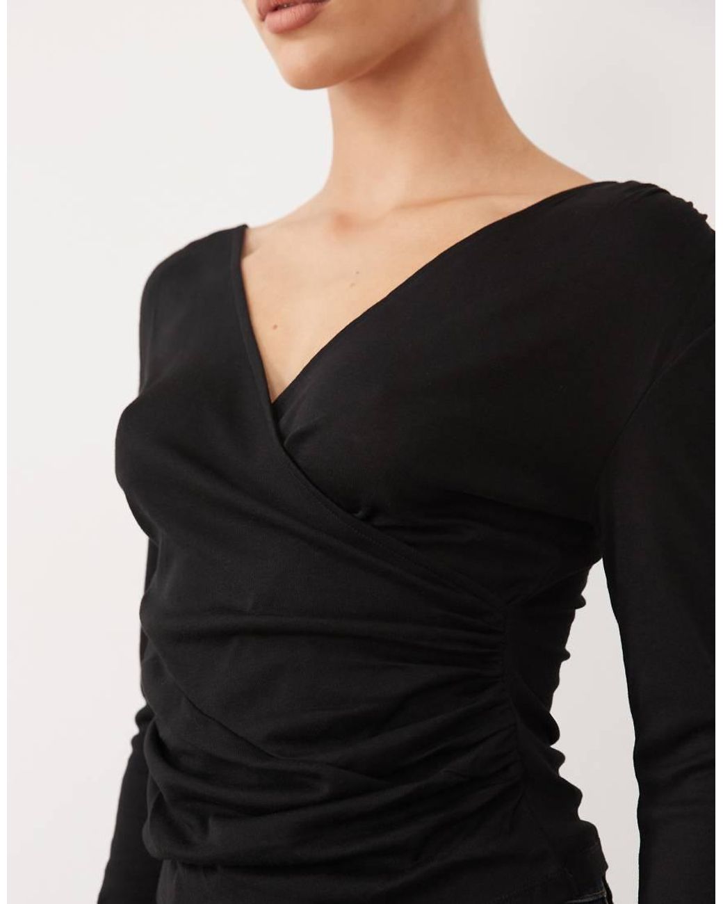 ASOS Black Soft Lightweight Jersey Drape Wrap Long Sleeve Top