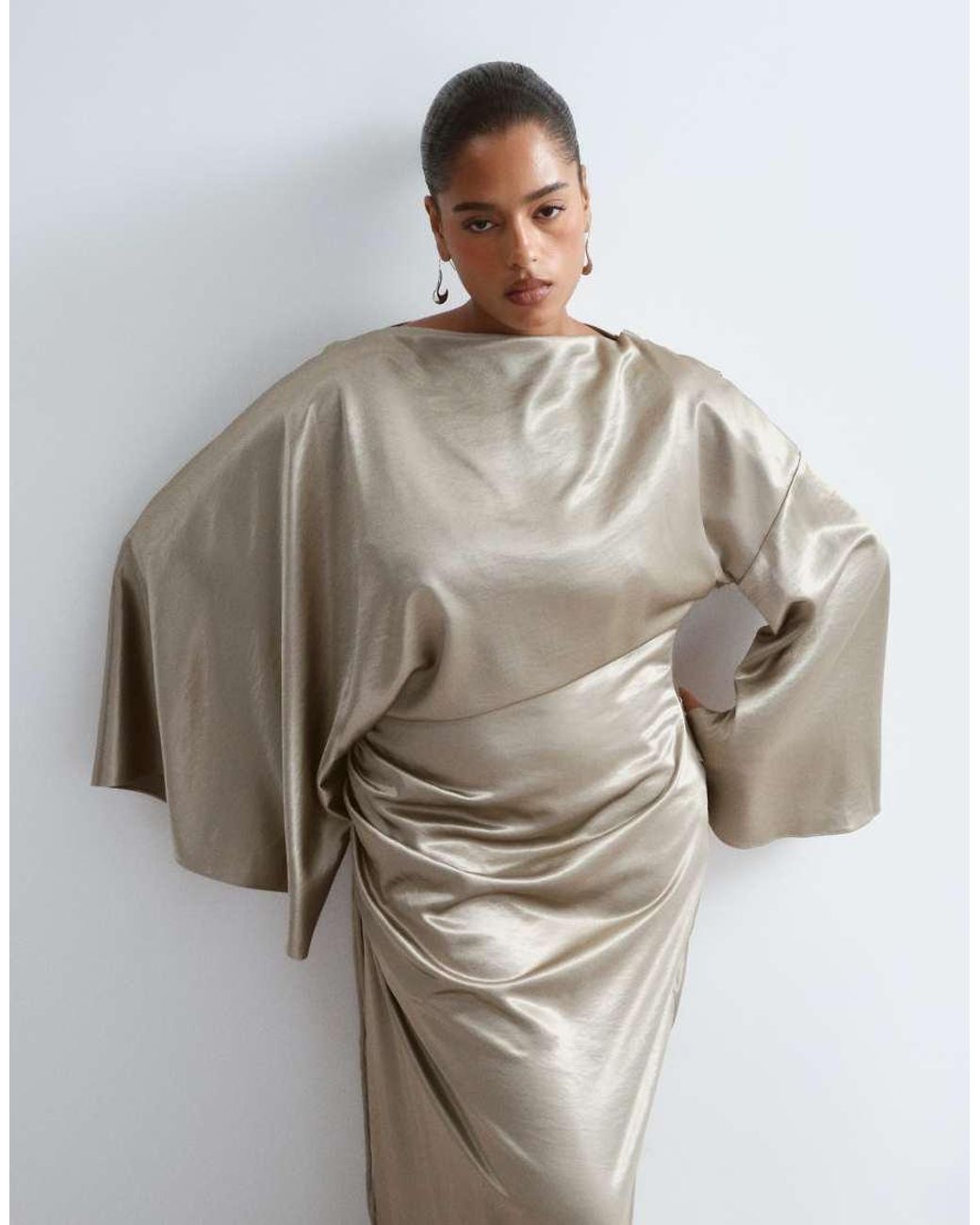 ARRANGE Metallic Curve Satin Drape Long Sleeve Maxi Dress