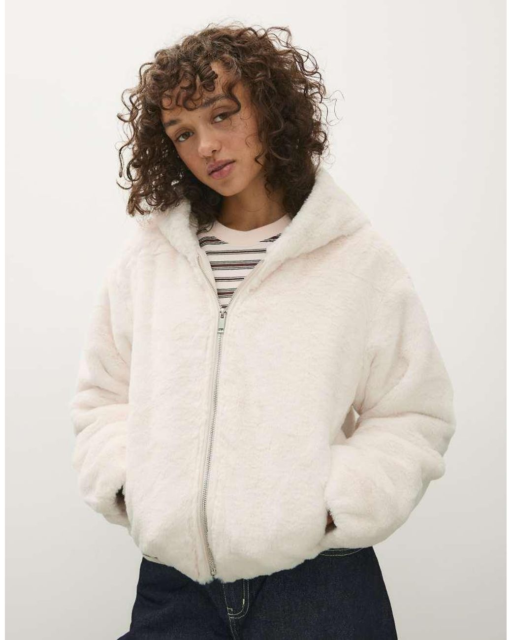 Bershka Blue Hooded Jacket With Fur