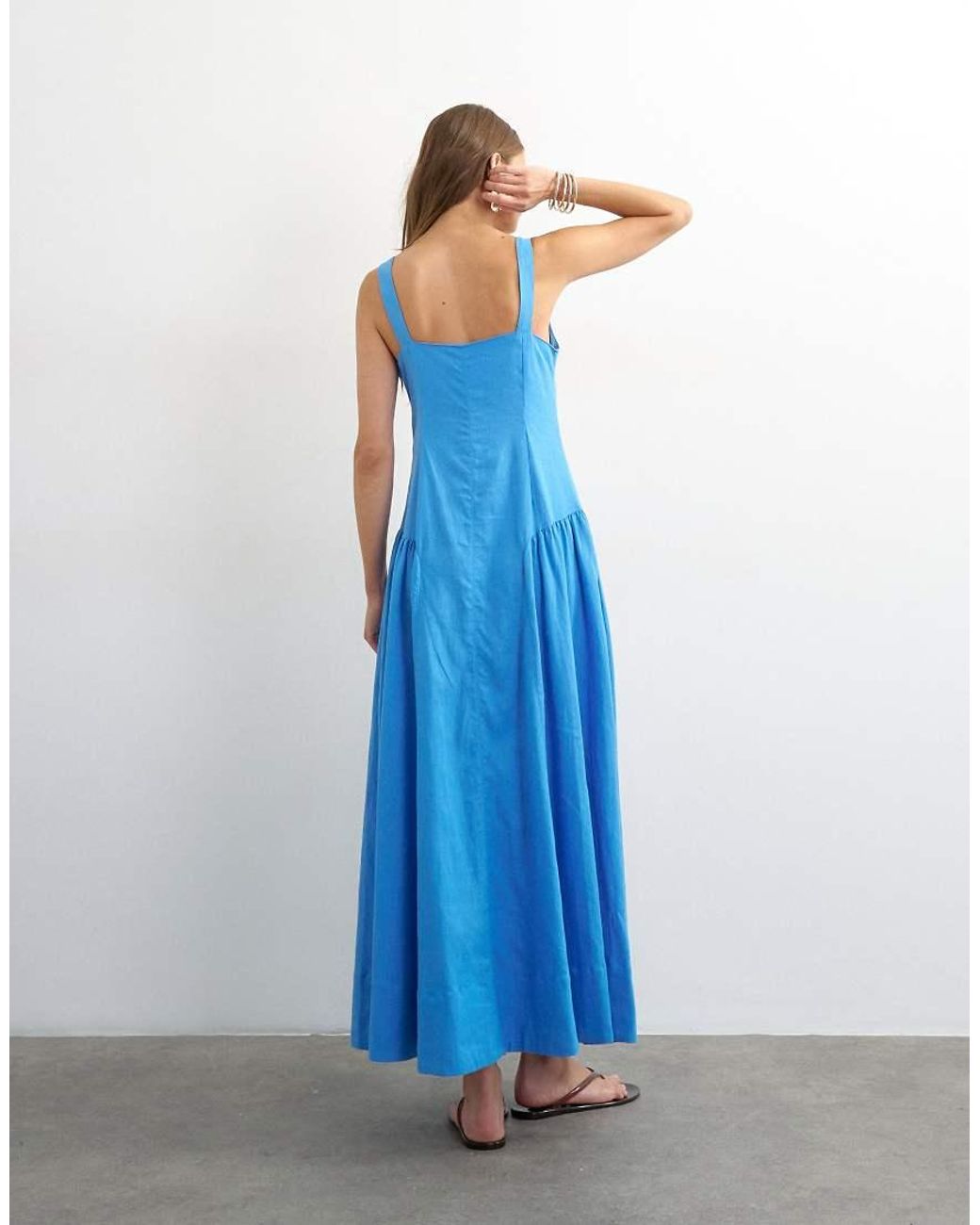 TOPSHOP Blue Linen Rich Dropped Waist Maxi Sundress