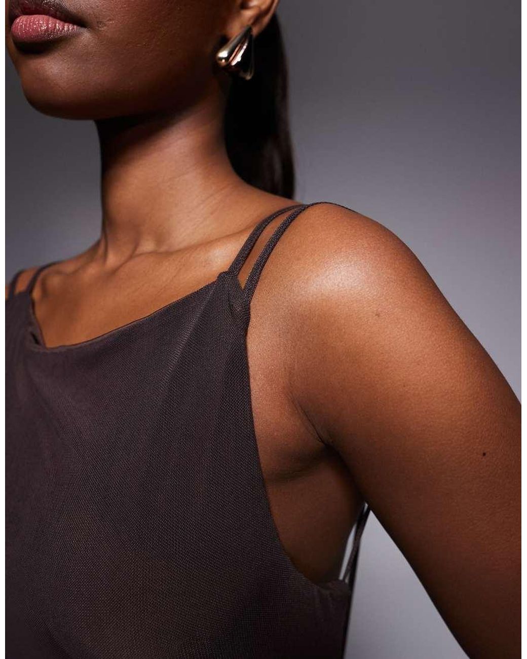 ASOS Brown Mesh High Neck Maxi Dress With Open Back And Double Strap Detail