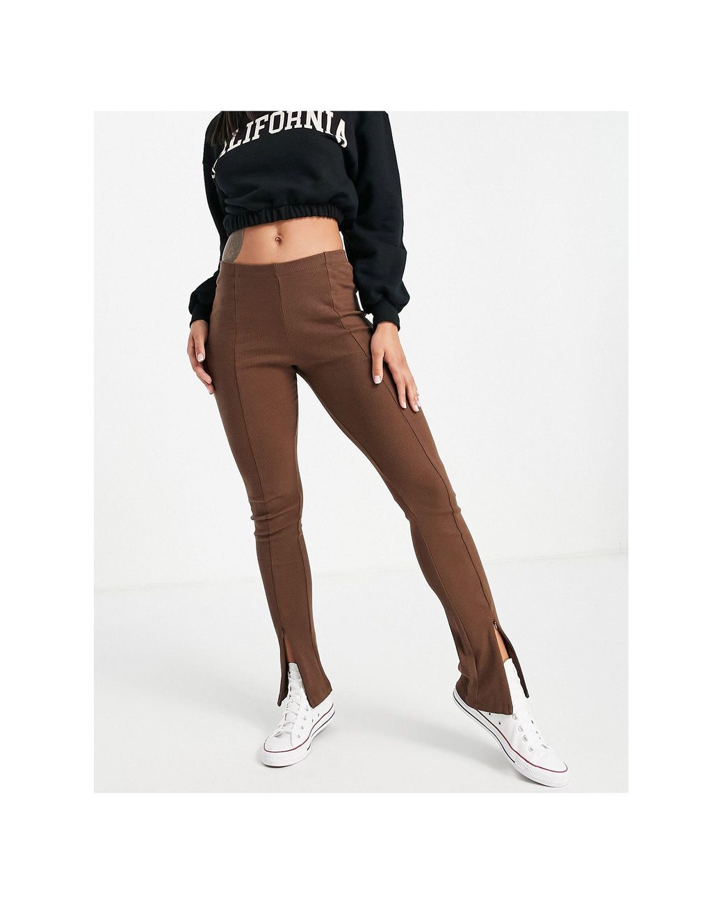 TOPSHOP Ribbed Flared leggings With Zip Front Split Hem in Brown | Lyst