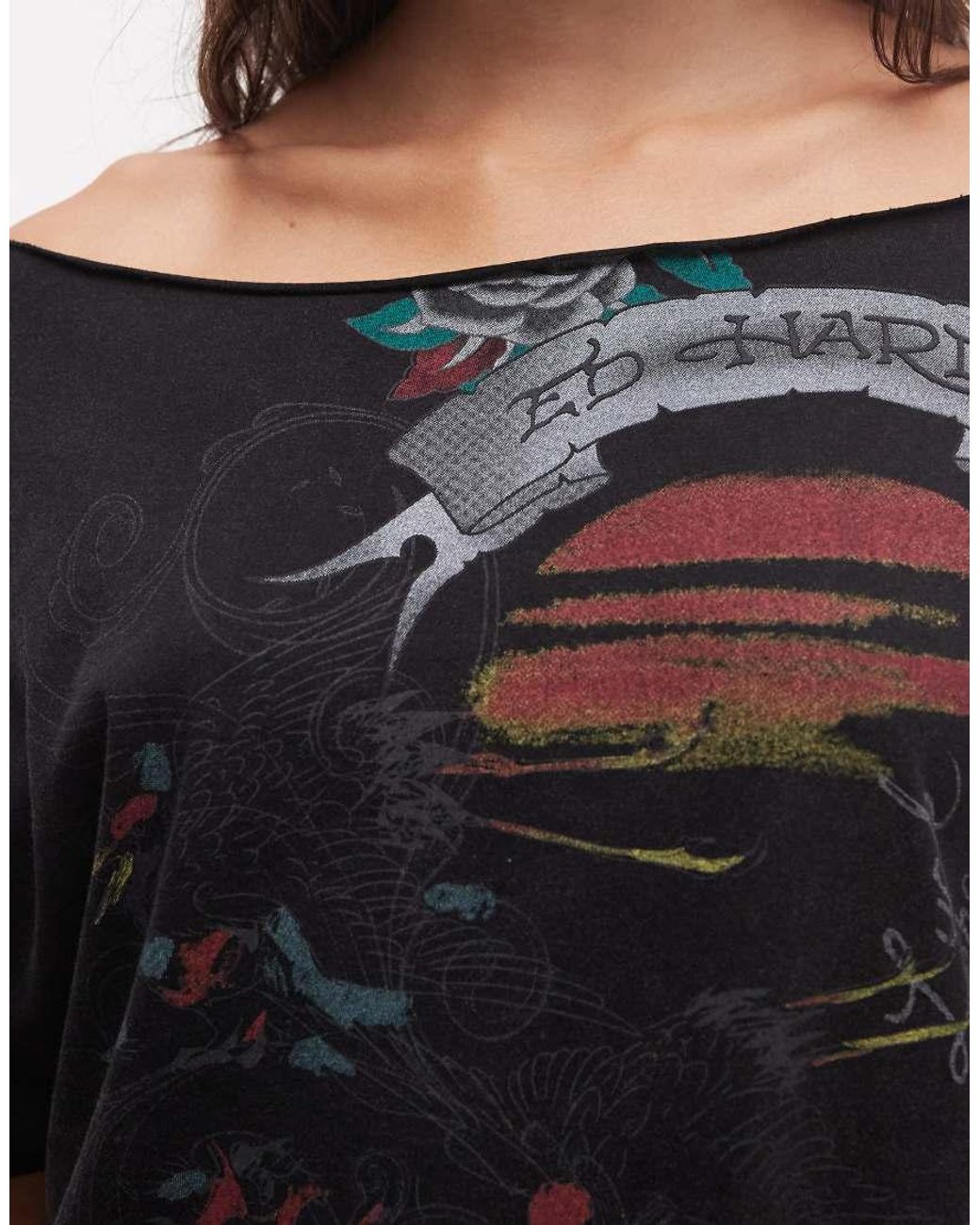 Ed Hardy Black Flying Cranes Off Shoulder T-Shirt