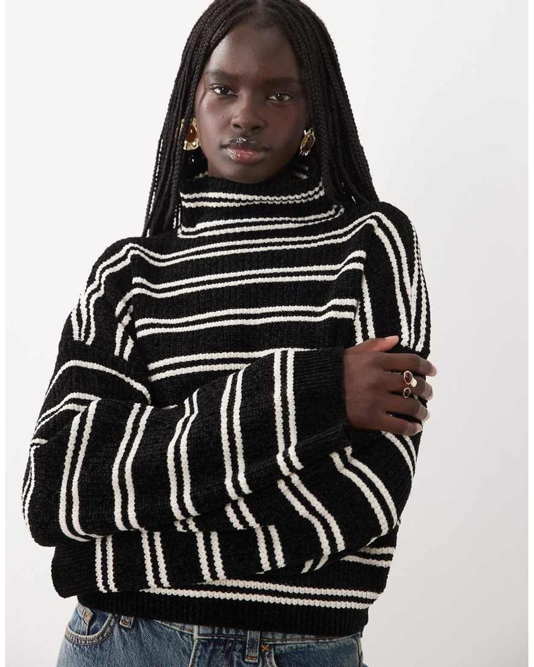 ASOS Black Funnel Neck Batwing Stripe Chenille Jumper