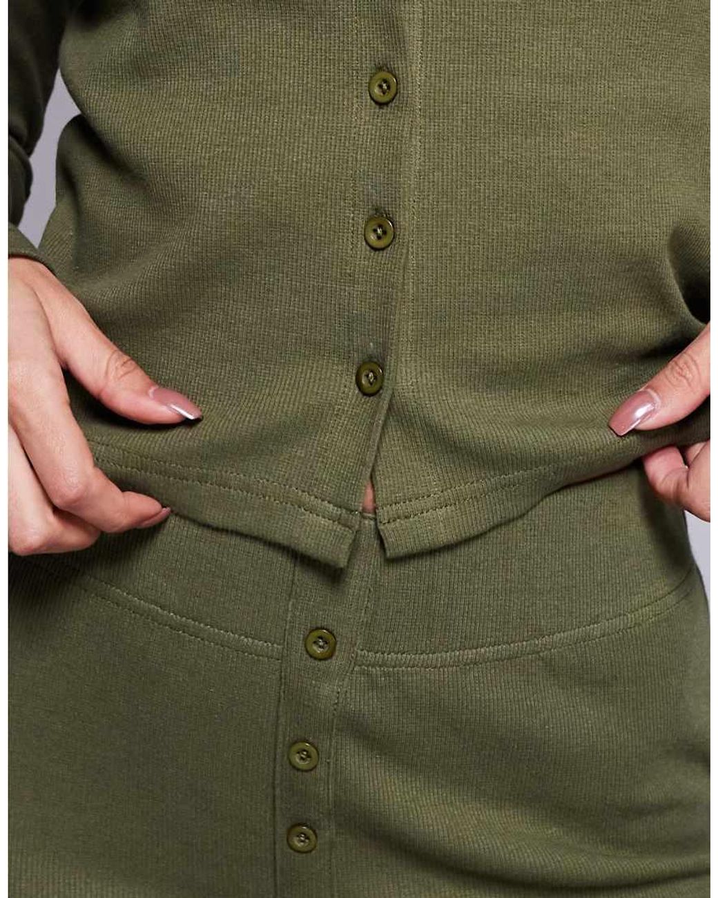 Threadbare Green Ribbed Button Down Long Sleeve Loungewear Set