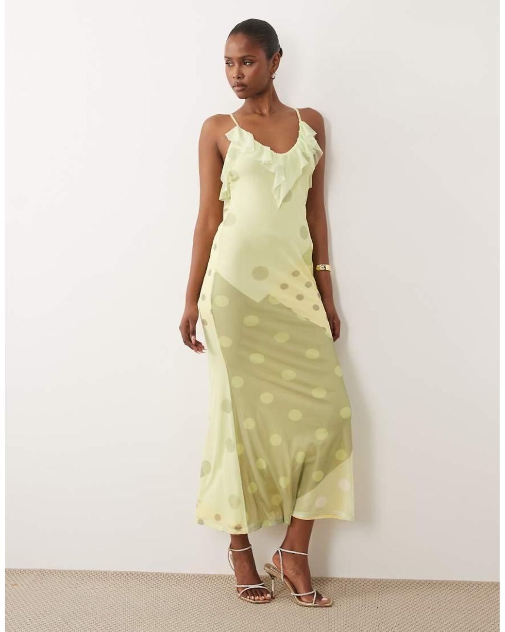 ASOS Green Mesh Spliced Polka Dot Plunge Maxi Dress With Backless Frill Detail