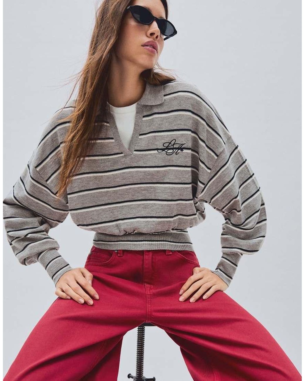 Bershka Red Ribbed Polo Collar Jumper