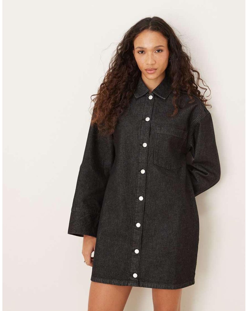 ASOS Black Denim Mini Long Sleeve Shirt Dress