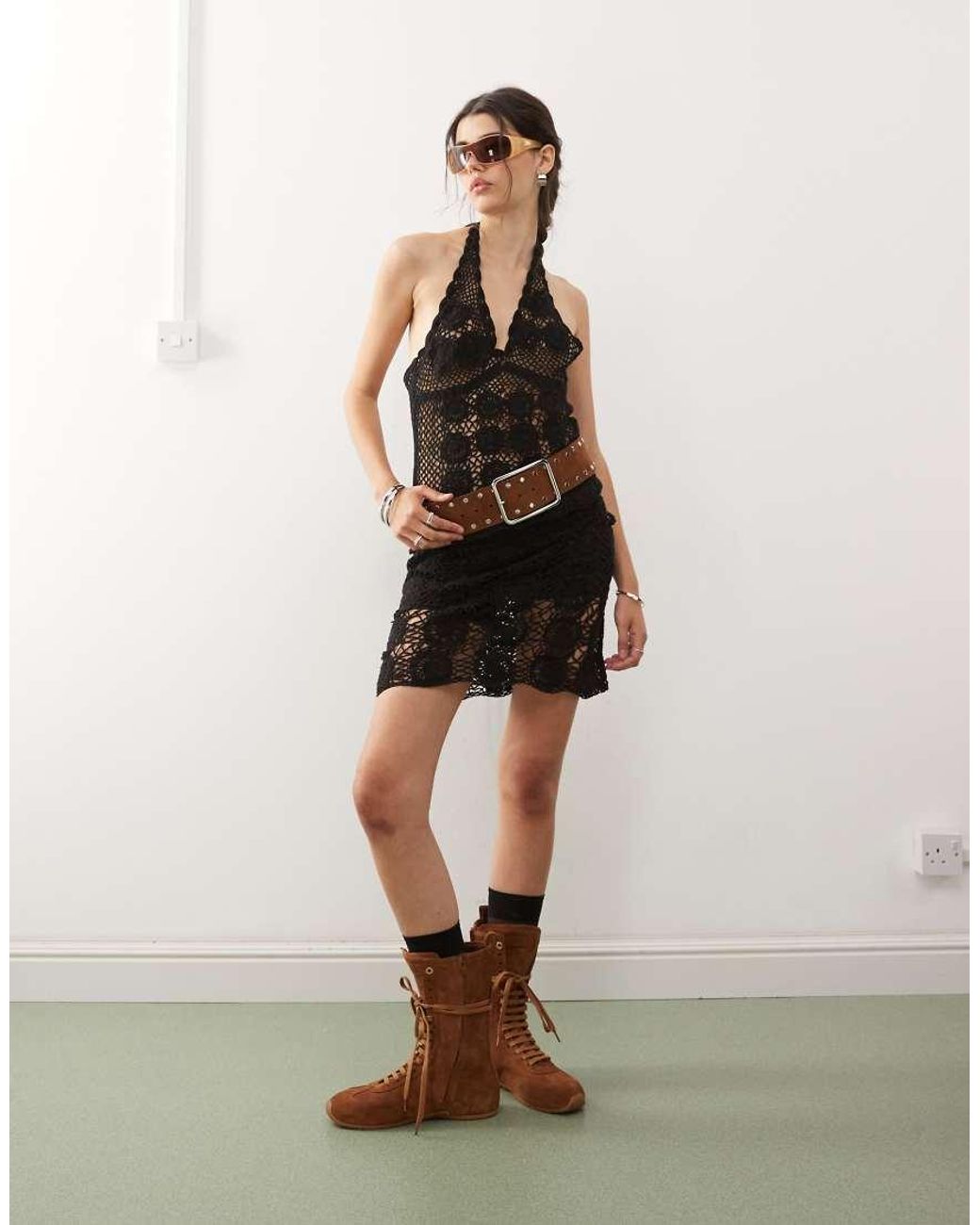 Collusion Black Crochet Knitted Halter Neck Top