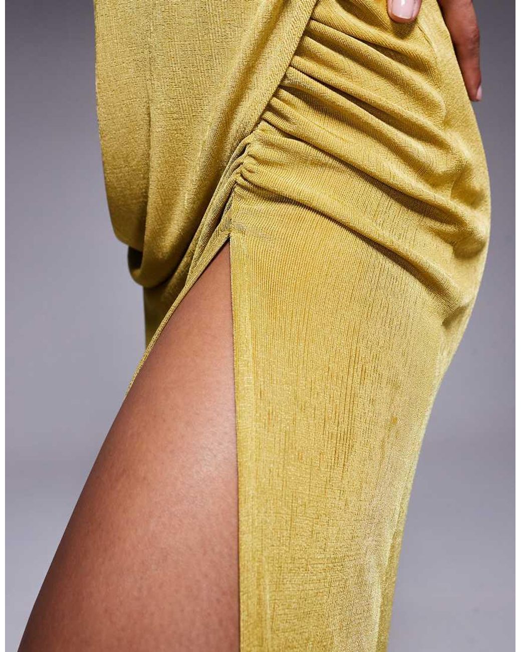 ASOS Yellow Slinky Pleat Detail Bandeau Maxi Dress With Drape Skirt