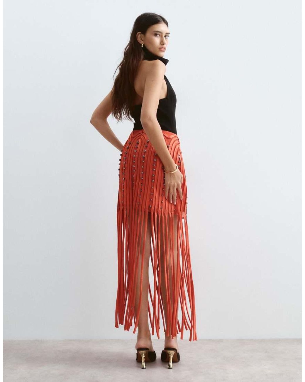 ARRANGE Red Beaded Linear Fringe Hem Midi Skirt