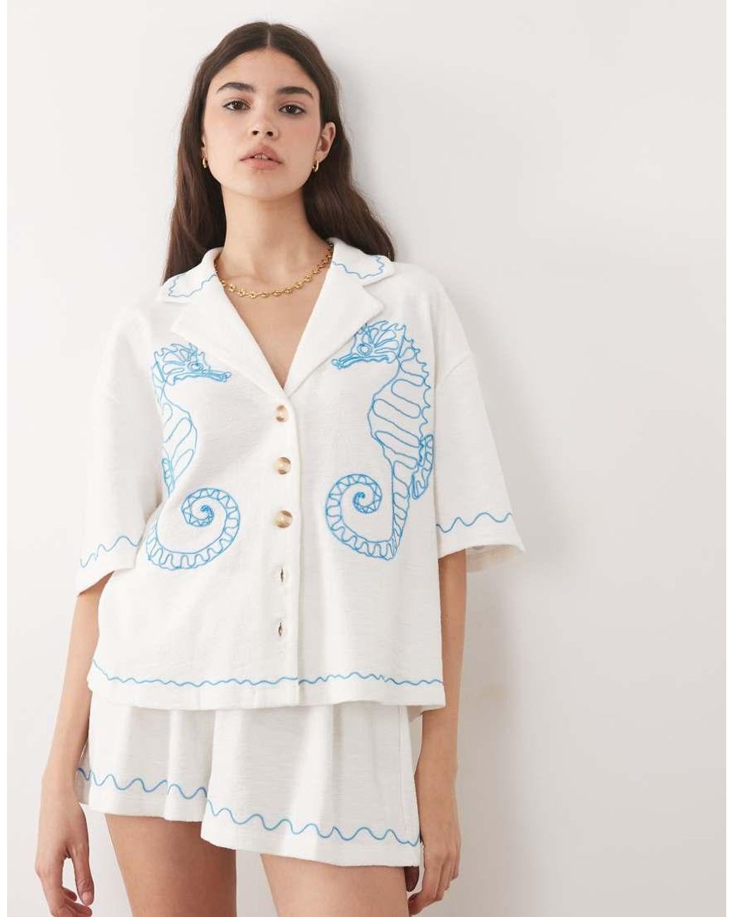 ASOS White Textured Jersey Revere Shirt Co-Ord With Seahorse Embroidery