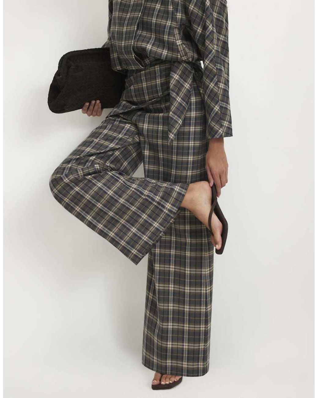 River Island Green Scarf Detail Check Wide Leg Trousers