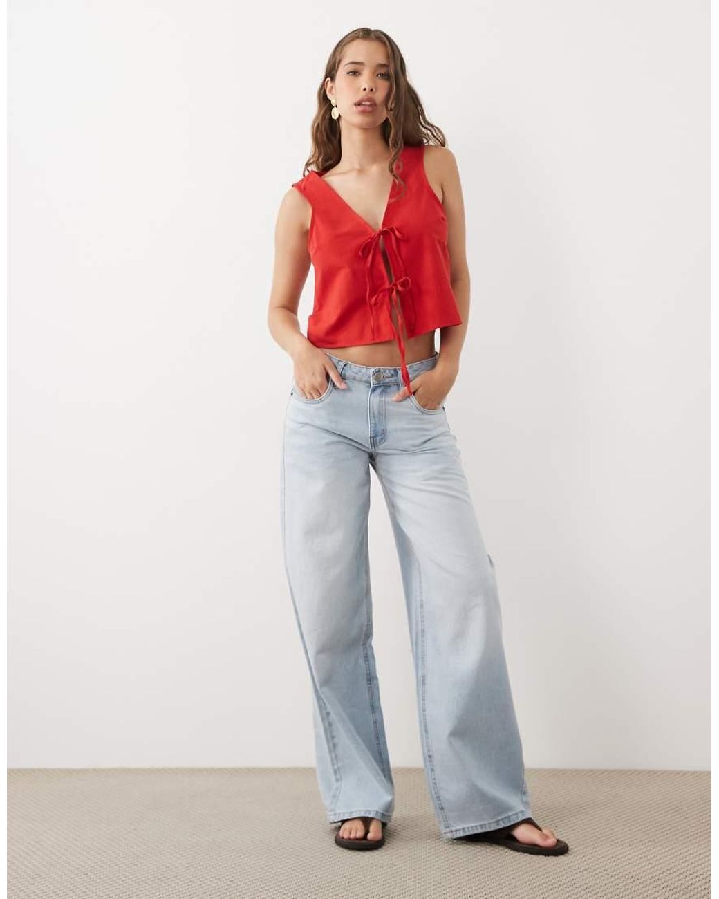 Miss Selfridge Red Linen Blend Tie Front Top