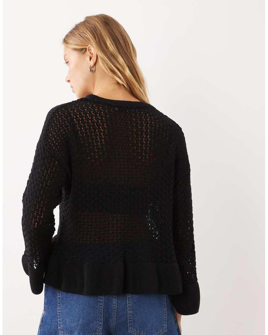 Miss Selfridge Blue Crochet Sweater With Peplum Hem And Sleeve