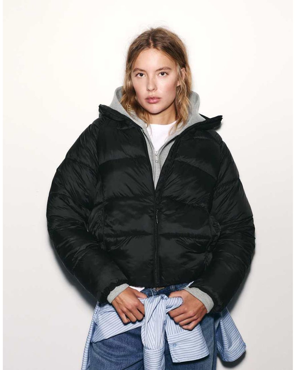 Pull&Bear Black Hooded Puffer Jacket