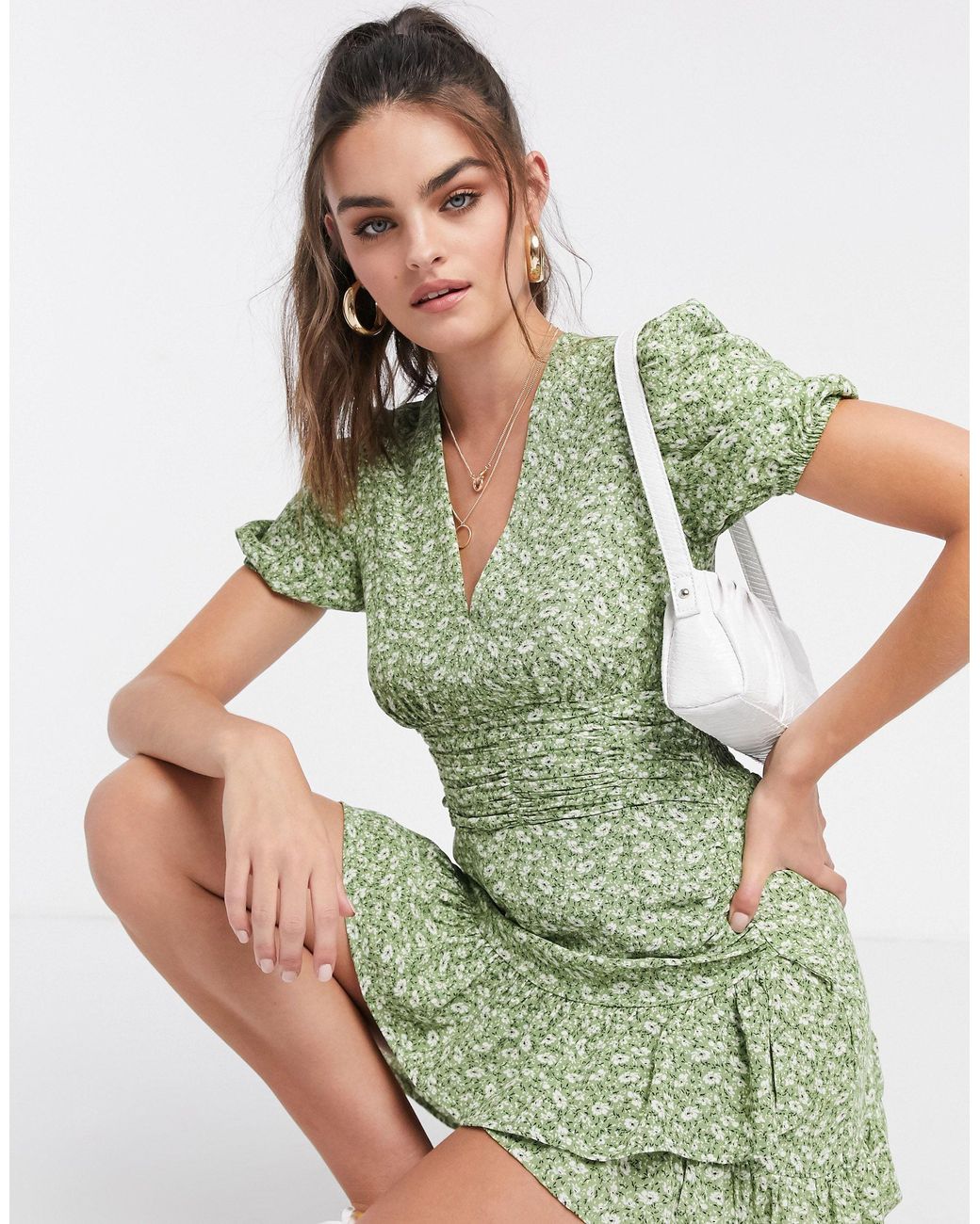 Stradivarius Mini Dress With Frill in Green | Lyst UK