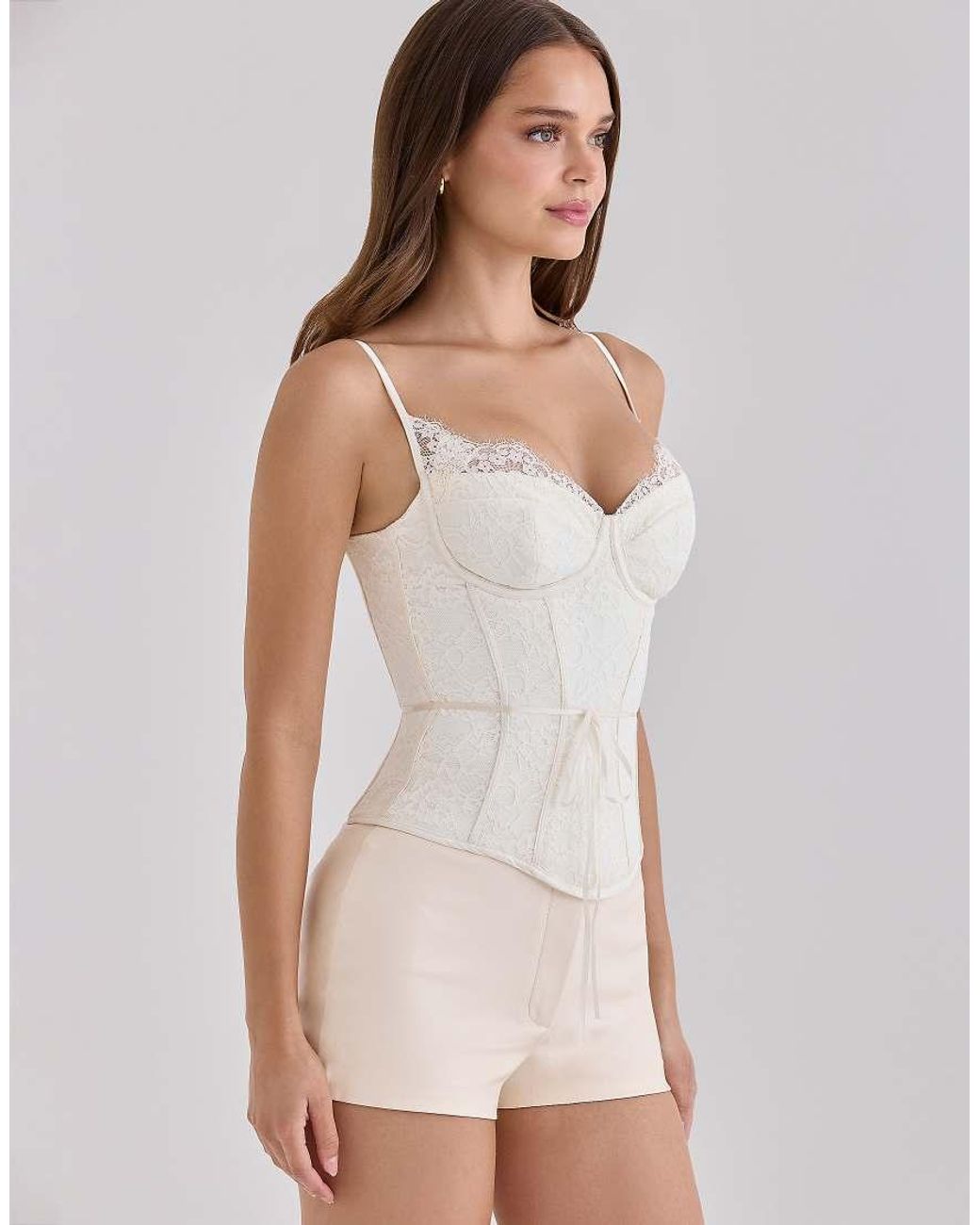 House Of Cb White Audrina Ivory Lace Corset Top With Ribbon Waist Tie