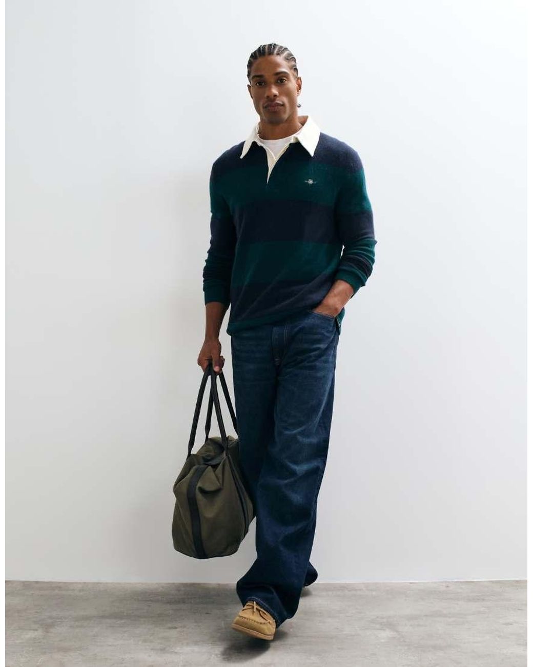 Gant Blue Fine Knit Lambswool Striped Rugby Polo for men