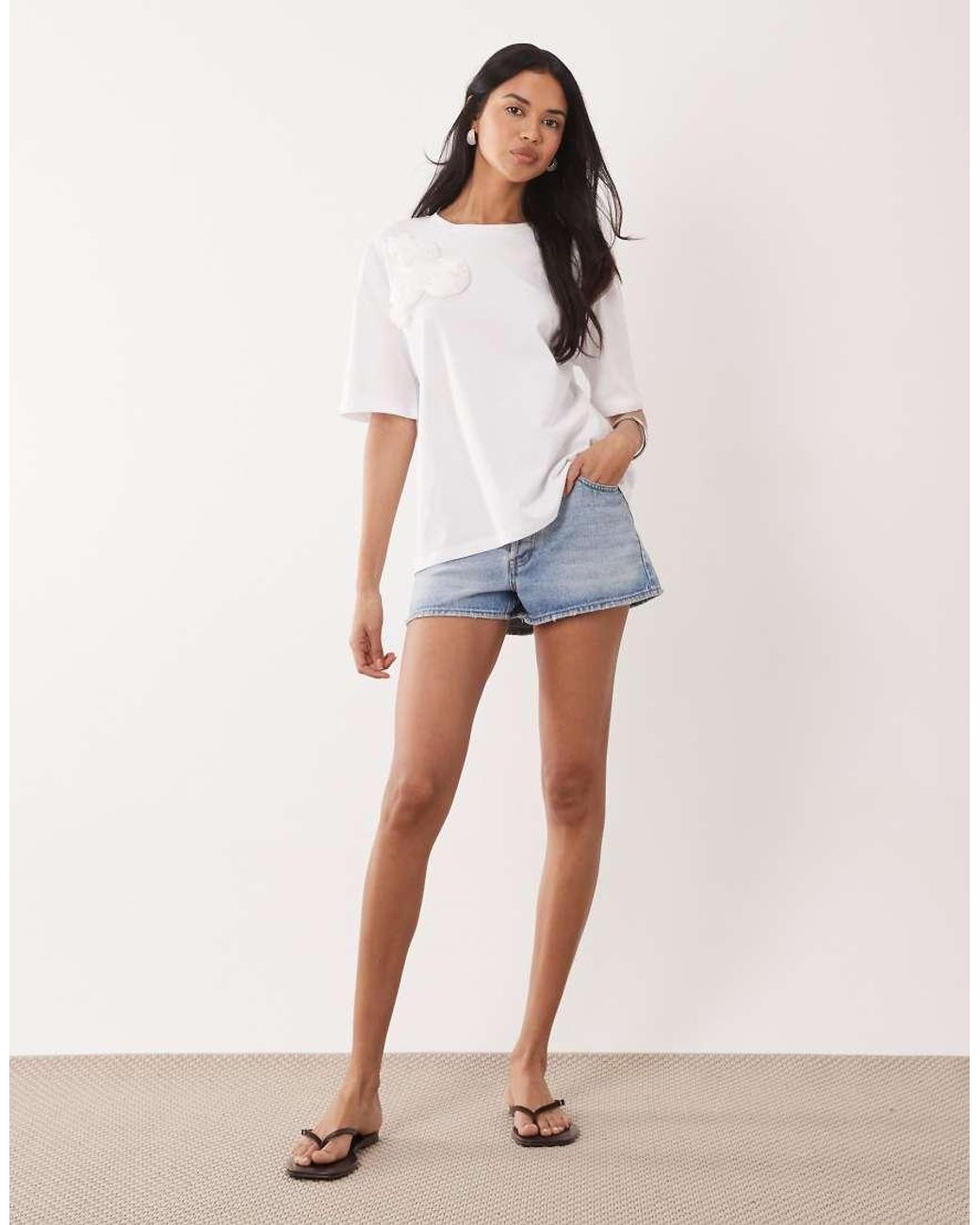 ASOS White Oversized Short Sleeve Corsage Detail Top