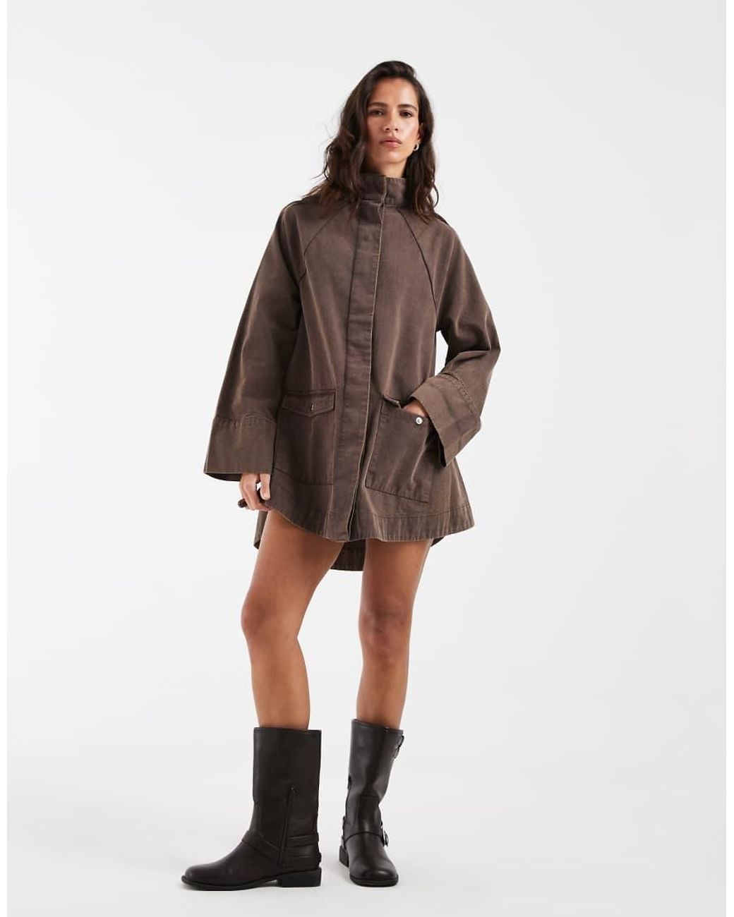 ASOS Brown Oversized Twill Funnel Neck Mini Dress With Pockets