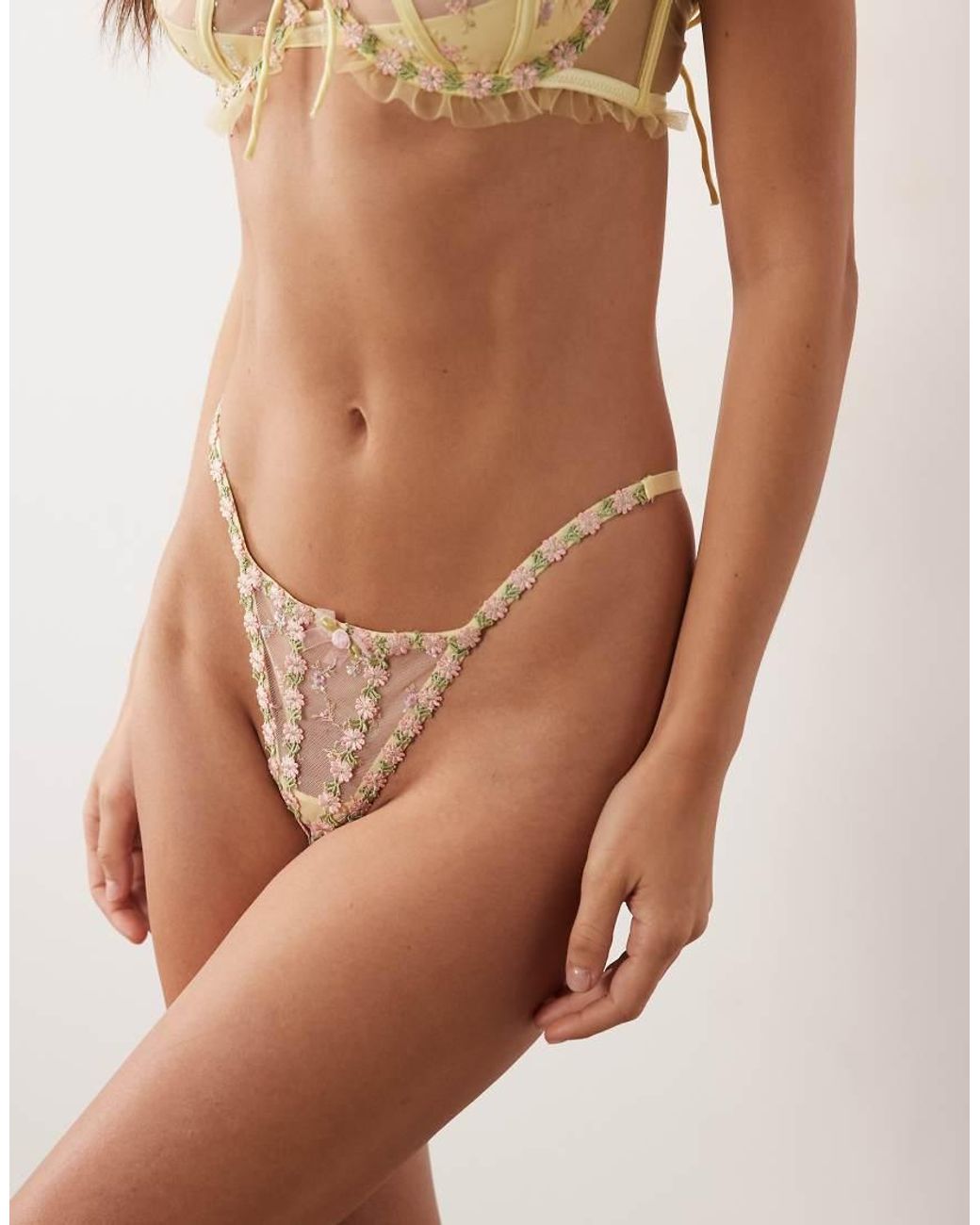 For Love & Lemons Yellow Twilight Embellished Sheer Low Rise Thong Co-ord