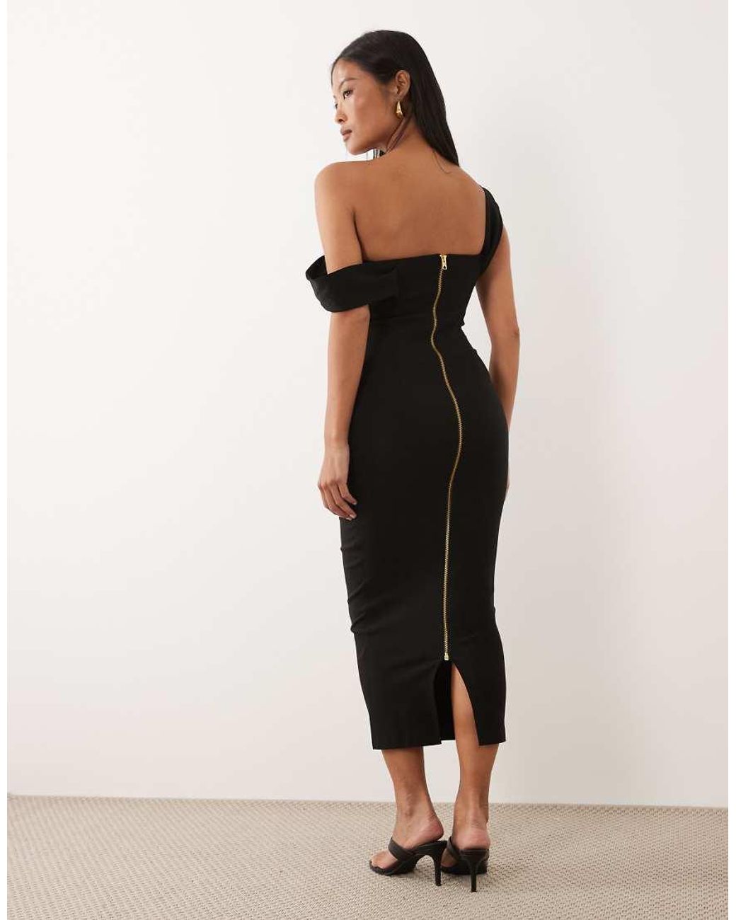 Vesper Petite Black Bengaline Bardot Off Shoulder Bodycon Midaxi Dress