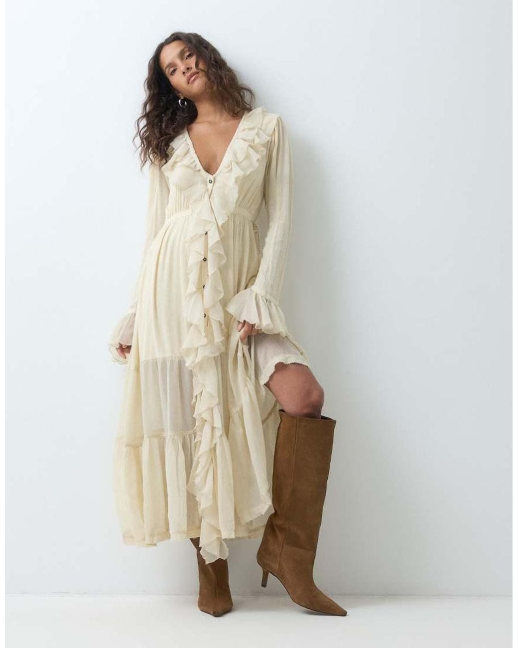 Free People Natural Isla Boho Ruffle Midi Dress