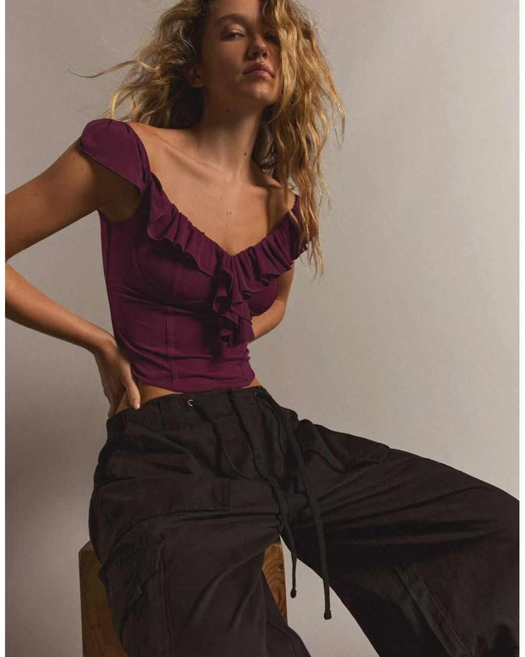 Bershka Black Bardot Corset Frill Top