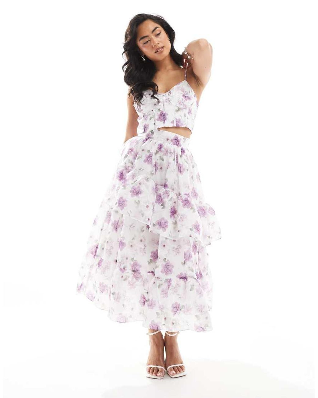 True Decadence Pink Tiered Ruffle Midi Skirt